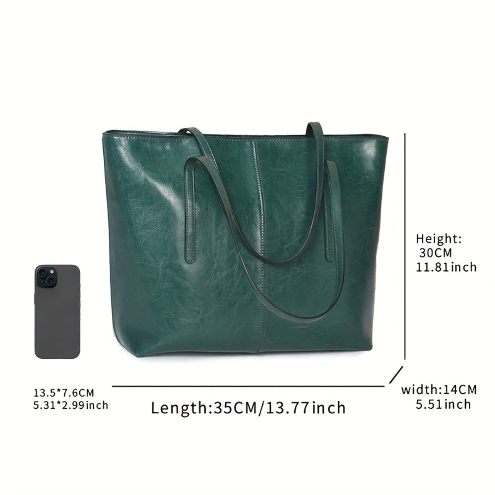 High-quality Oil and Wax Genuine Leather Tote Bag, Double-compartment Zipper Inner Pocket Design, Large-capacity Portable Crossbody Bag, Elegant Shoulder Bag
