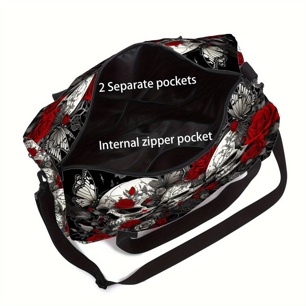 Printed Travel Bag with Skull and Rose Petals, Trendy Outdoor Luggage Bag for Both Men and Women, Sports Yoga Bag