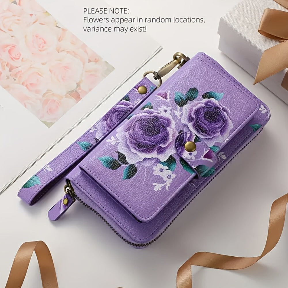 1 Random Floral Pattern Wallet (Purple Floral Design with Random Placement), Featuring Elegant Wristlet Design, Large Capacity Long Zipper Clutch, Multi-Card Slots Coin Purse, Women'S Multi-Functional Travel Wallet