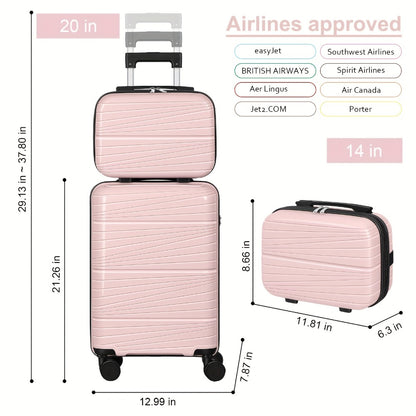 Rolling Luggage Suitcase Set Of 2 With Durable ABS Material, 20in Lightweight Boarding Box +14in Cosmetic Case, Checked Suitcase With Spinner Wheels & Aluminum Alloy Handle For Travel, Business Trips, School Season