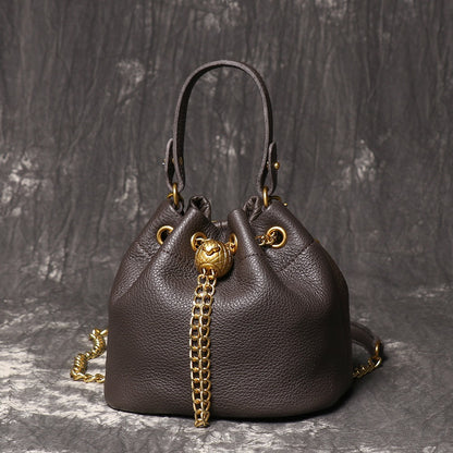 Handmade Top Layer Cowhide Makeup Bag Fashionable Casual Versatile Genuine Leather Bucket Bag for Women, Ladies High-Quality Soft Genuine Leather Chain Bag Luxury Style Design Bag  Crossbody Shoulder Bag with Chain Strap, Elegant Handbag Purse