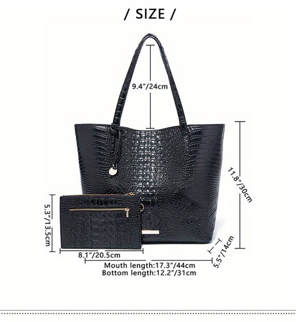 Stylish Two-Part Tote Bag Featuring a Crocodile Design And Elegant Metal Details, Offering Ample Storage for Versatile Carrying Options, Ideal for Various Occasions
