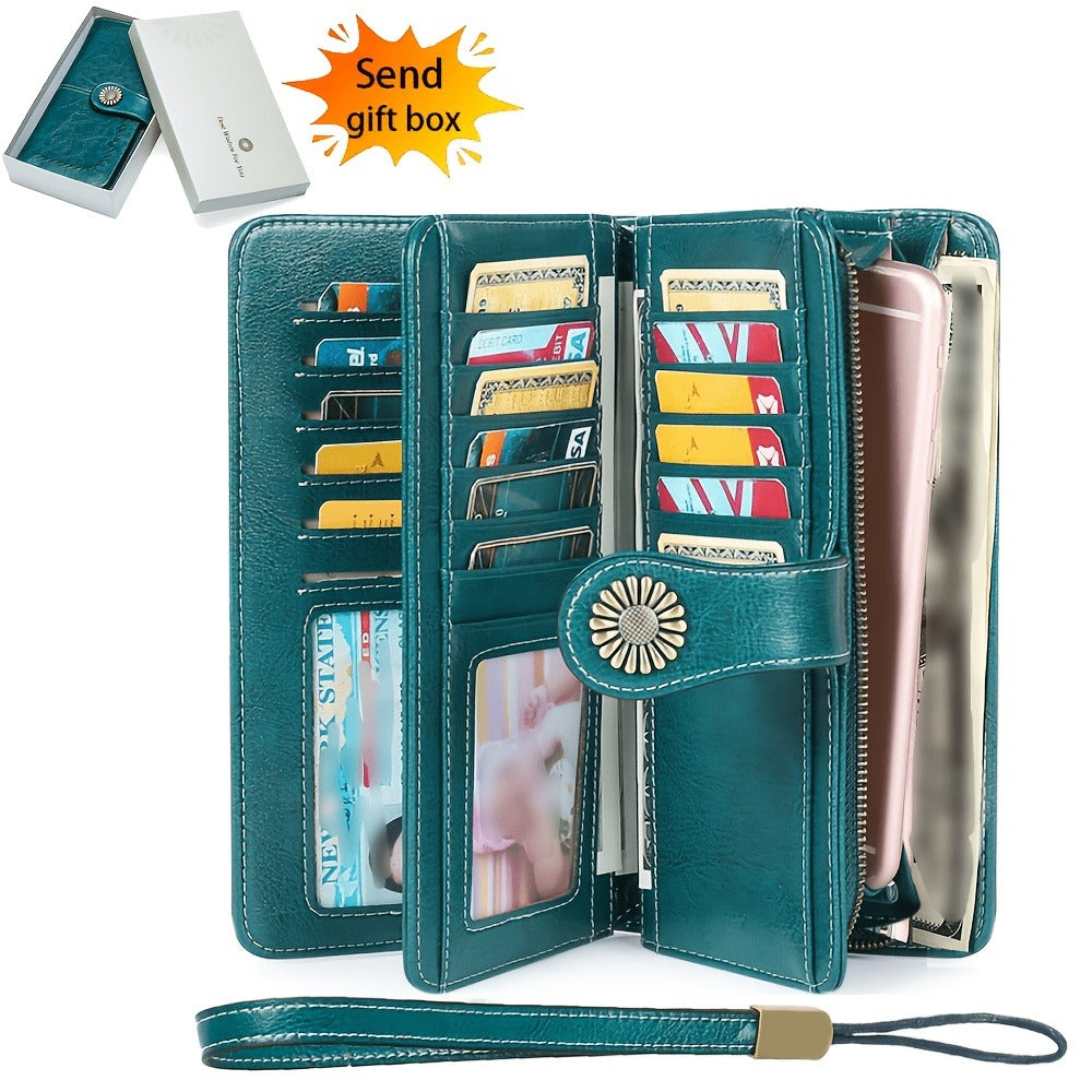 Wallets for Women RFID Blocking, Long Genuine Leather Wallet with 24 Card Slots & Phone Pocket, Large Capacity Zipper Wristlet, Gift Box for Daily Use, Sunflower Print