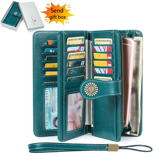 Wallets for Women RFID Blocking, Long Genuine Leather Wallet with 24 Card Slots & Phone Pocket, Large Capacity Zipper Wristlet, Gift Box for Daily Use, Sunflower Print