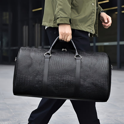 Vintage Crocodile Pattern Luggage | Retro Style | Large Capacity | Black And Dark Brown | Multifunctional Travel Handbag with Shoulder Strap