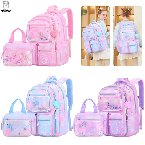 2pcs Bxboat Large Capacity Girls' Backpack with Lunch Box Pocket & 15.6" Laptop Compartment - Cute Bowknot Design, Multiple Pockets, Durable Fabric School Backpack for Teen Girls, Travel & Outdoor (Pink & Blue), Girls' Backpack, for Teenager