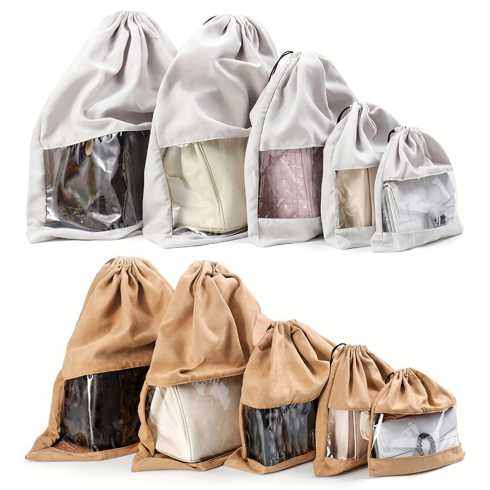5pcs Reusable Moisture-Proof Handbag Dust Bags with Clear Window & Drawstring Closure - Multi-Size Fabric Storage Organizers with Sturdy Edges, Lightweight & Durable for Closet, Shoe, Jewelry Storage - Beige, Gray, Khaki, White, Black - Hand Washable, Spa