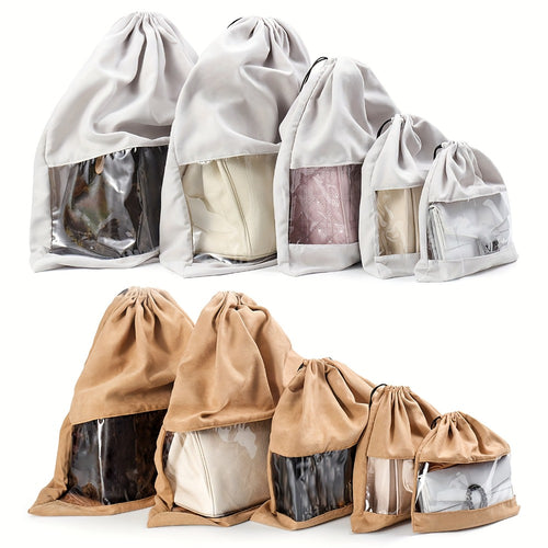 5pcs Reusable Moisture-Proof Handbag Dust Bags with Clear Window & Drawstring Closure - Multi-Size Fabric Storage Organizers with Sturdy Edges, Lightweight & Durable for Closet, Shoe, Jewelry Storage - Beige, Gray, Khaki, White, Black - Hand Washable, Spa