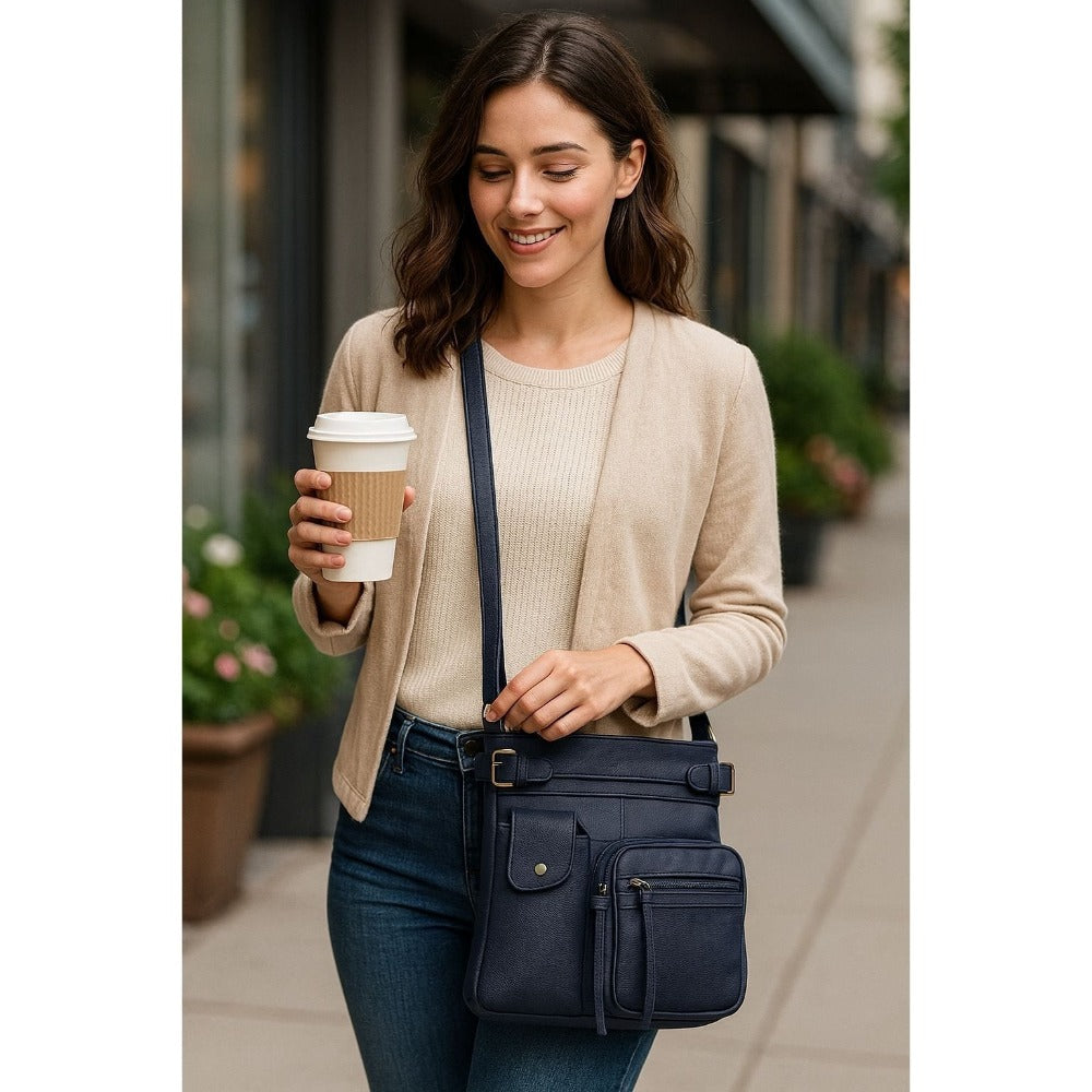 Super Soft Genuine Leather Crossbody Bag with Top Belt Accent – Classic Bronze Hardware