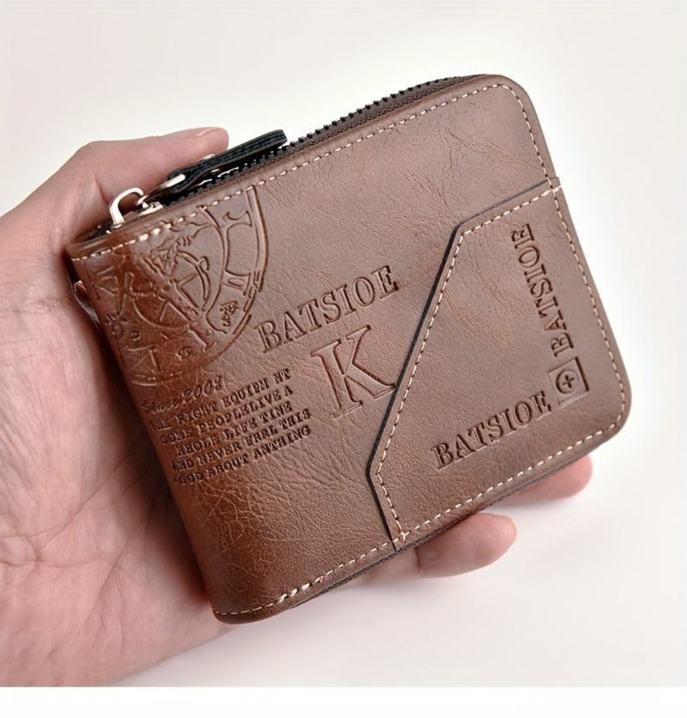1pc Faux Leather Wallet for Men - Premium Retro Letter Embossed Design, Multiple Credit Card Slots, Zipper Closure, Stylish Gift for Gentlemen
