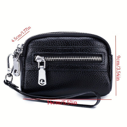 Coin Purse for Women Genuine Leather Small Triple Zipper Coin Wallet Pouch with Removable Wristlet Strap