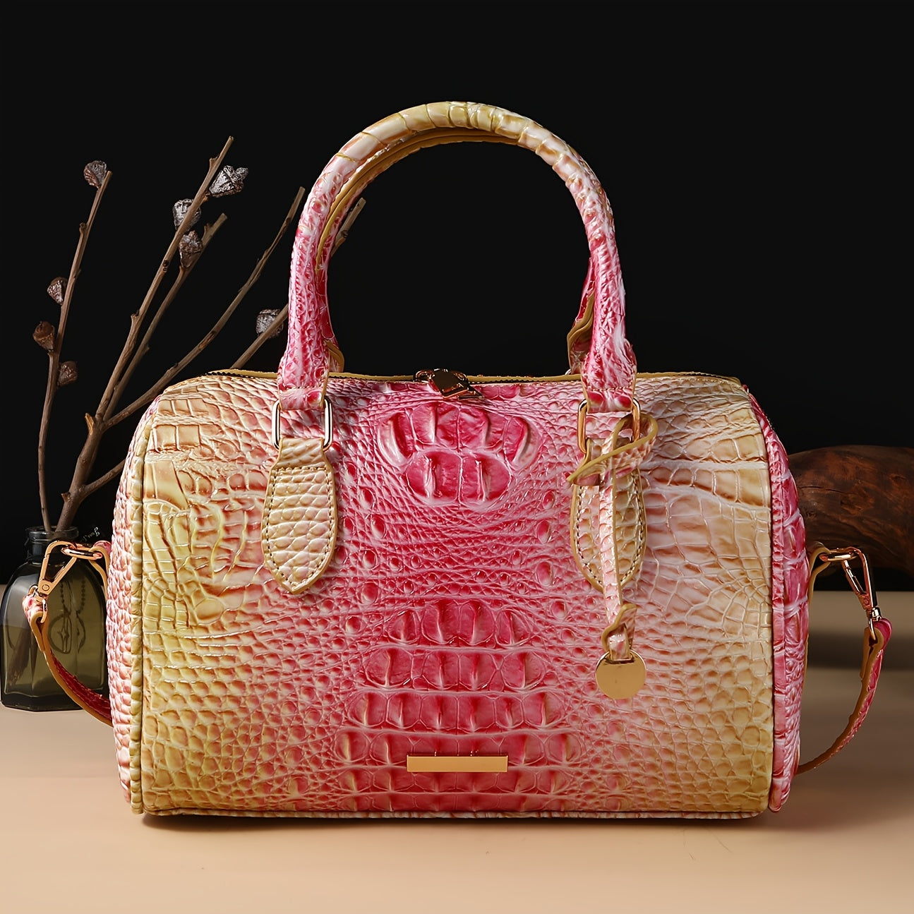 Gradient Crocodile Embossed Boston Bag for Women, Vintage Glossy Synthetic Leather Barrel Handbag with Detachable Crossbody Strap, Luxury Top Handle Shoulder Purse, Large Capacity Daily Commute Handbags