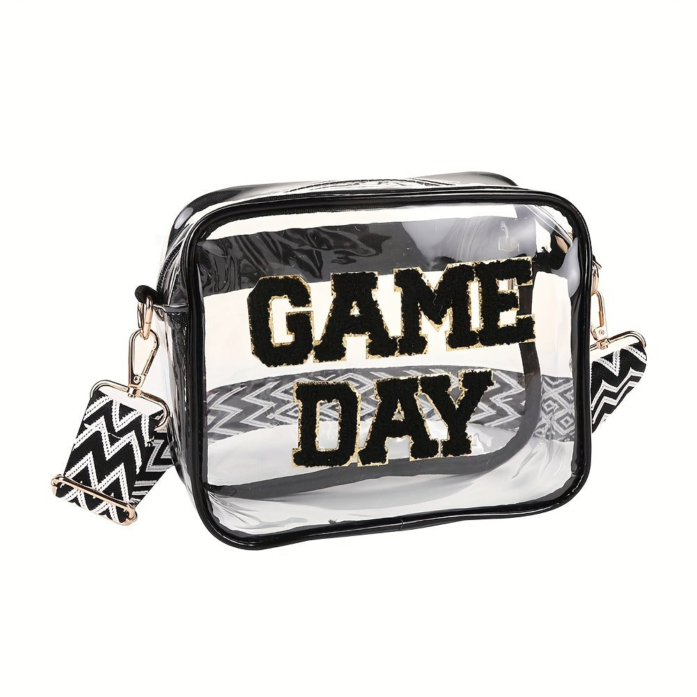 PVC Transparent Crossbody Bag with Embroidered Letter Design, Transparent Square Shoulder Bag with Zipper Closure And Painted Edges, Portable Travel Toiletry Organizer, Suitable for Sports, Travel, Beach, And Events