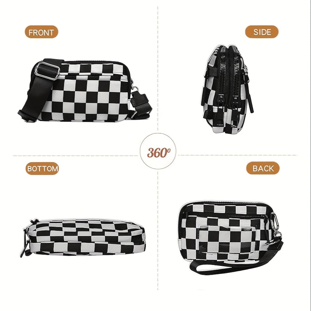 2pcs Bags Checkered Crossbody Bum Bag& Wristlet Wallets Checkered Set Belt Bag with Shoulder Strap Adjustable Crossbody Bag Spacious Spacious Purse for Essentials Plus Size Friendly Strap Large Sling Bag Travel Handbags Checkered Belt Bag
