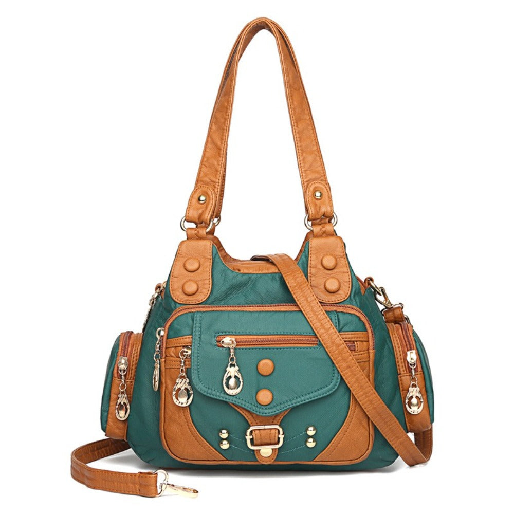 New Contrasting Bag Cross-border Rivet Washed Women's Bag Single-shoulder Cross-body Hand-to-hand Soft Large Capacity Multi-layer