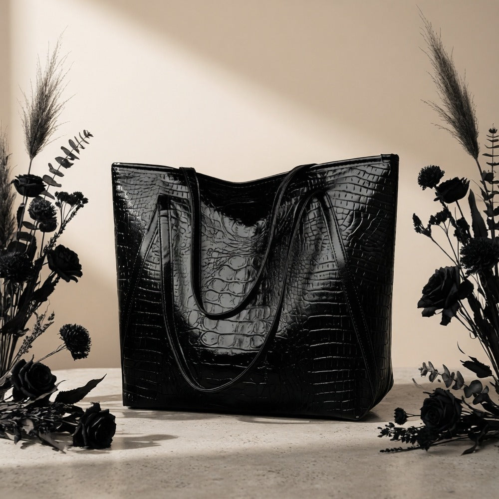 Stylish Black Crocodile-Print Women's Handbag - Large Capacity Scratch-Resistant Tote with Zipper Closure, Fixed Shoulder Strap & Cosmetic Pouch for Shopping, Commuting, Parties