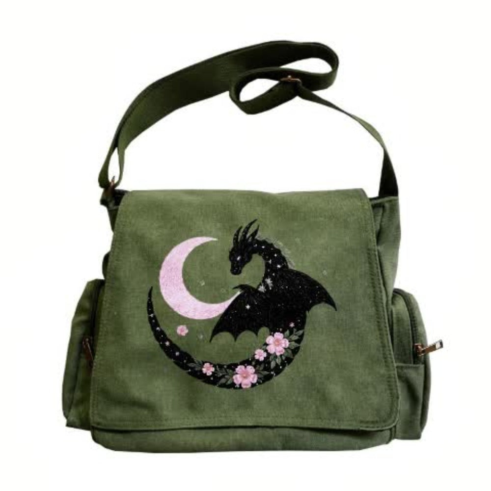 Large-capacity Flip-top Retro Tote Messenger Bag | Black Dragon Surrounded by Pink Moon with Cherry Blossom Pattern, Suitable for Daily Travel and Dating, Ideal Gift Choice, Material