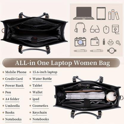 IGOLUMON Laptop Bag For Women 15.6 Inch Laptop Tote Bag Waterproof Work Bag Computer Briefcase School Bag Office Professional Large Capacity Handbag Shoulder Bag Black