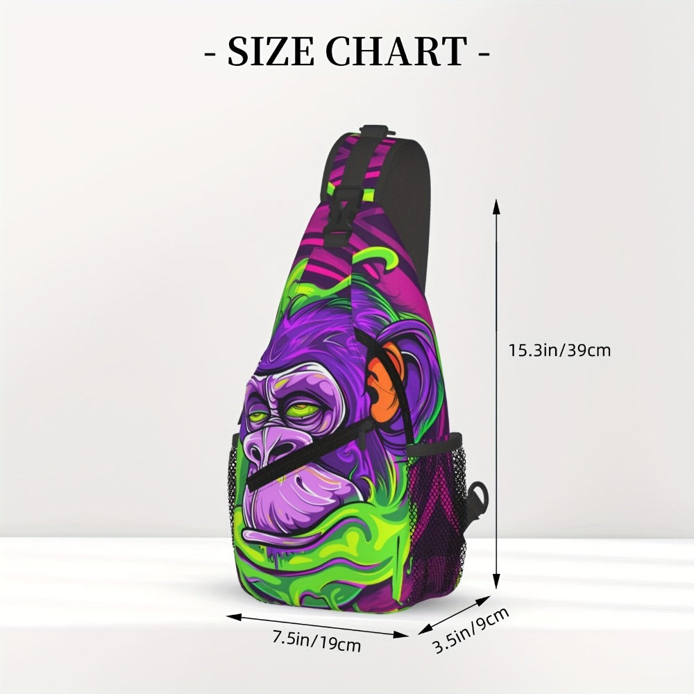 A Vibrant Gorilla-Themed Crossbody Chest Bag Suitable for Hiking, Featuring a Spacious Design. This Stylish And Sturdy Bag Is Perfect for Shopping, Work, Leisure Trips, Beach Outings