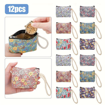 12pcs Bohemian Floral Coin Purses, Multi-Functional Jewelry Bags, Vibrant Makeup Organizer with Handles and Zipper, Perfect for Outdoor Travel, Christmas Gifts