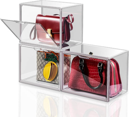 12/9/6/3 pcs Purse Organizer for Closet, Handbag Storage Organizer, Clear Acrylic Display Case with Magnetic Door, Plastic Storage Bins for Bags, Books, Cosmetics & Collectibles (3 Pack)