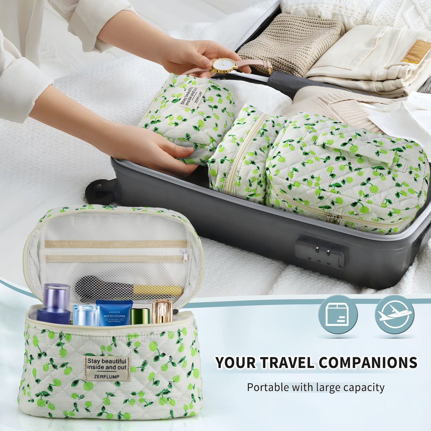 Cute Quilted Floral Makeup Bag (3Pcs)Coquette Aesthetic Cosmetic BagTravel Toiletry Bags Kawaii Aesthetic pouch for Women