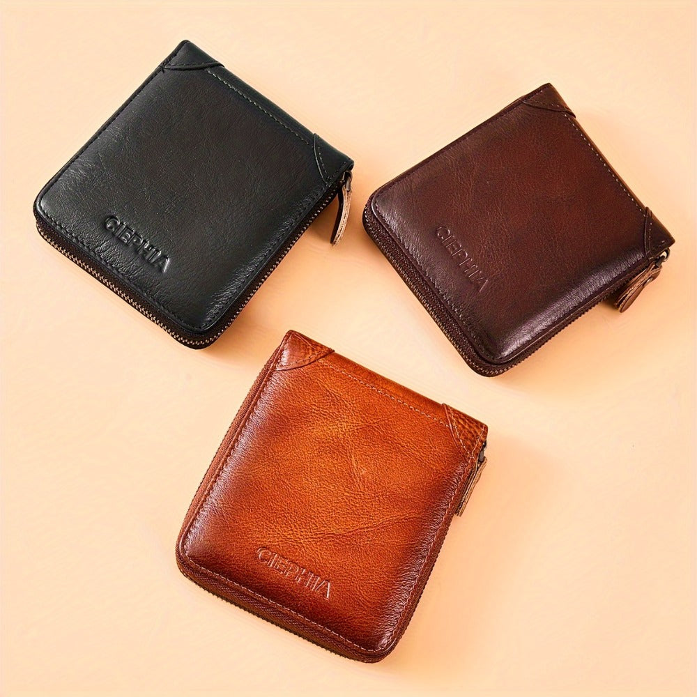 Men'S Genuine Leather Zipper Wallet RFID Secure Large Capacity Double Fold Multi-Card Top Layer Leather Wallets for Men And Coin Purse Christmas Father'S Day/Valentine'S Day/Anniversary Gift The Set Includes a Greeting Card