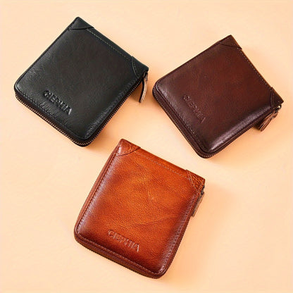 Men'S Genuine Leather Zipper Wallet RFID Secure Large Capacity Double Fold Multi-Card Top Layer Leather Wallets for Men And Coin Purse Christmas Father'S Day/Valentine'S Day/Anniversary Gift The Set Includes a Greeting Card