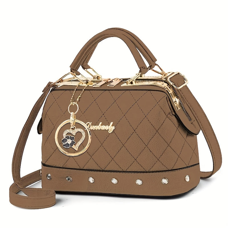 Black Quilted Boston Bag with Golden Hardware And Adjustable Shoulder Strap - Elegant Heart-shaped Rhinestone Ornament, Pattern Design And Stylish Rivet Details