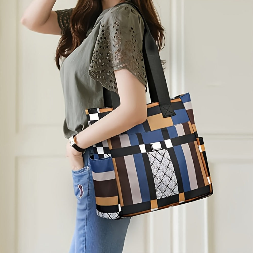 Fashionable Large-Capacity Geometric Handbag - Lightweight Nylon Shoulder Bag, Black, White And Grey Checkered Patterns, Foldable And Multi-Functional, Suitable for Daily Use, Casual Handbag | Modern Casual Bag | Foldable Handbag