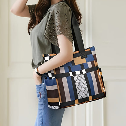 Fashionable Large-Capacity Geometric Handbag - Lightweight Nylon Shoulder Bag, Black, White And Grey Checkered Patterns, Foldable And Multi-Functional, Suitable for Daily Use, Casual Handbag | Modern Casual Bag | Foldable Handbag