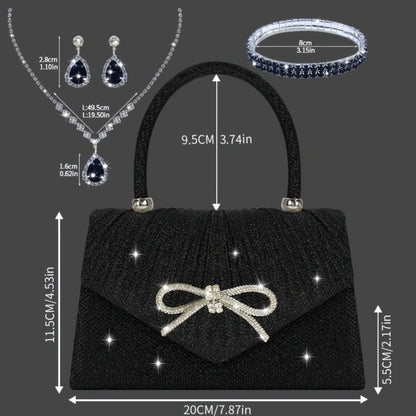 [Elegant Sequin Clutch Set] Elegant Champagne Sequin Clutch with Rhinestone Bow - Matching Rhinestone Earrings, Necklace & Bracelet Set | Ideal Valentine's Day Gift for Women, Party Accessory | Detailed Closure