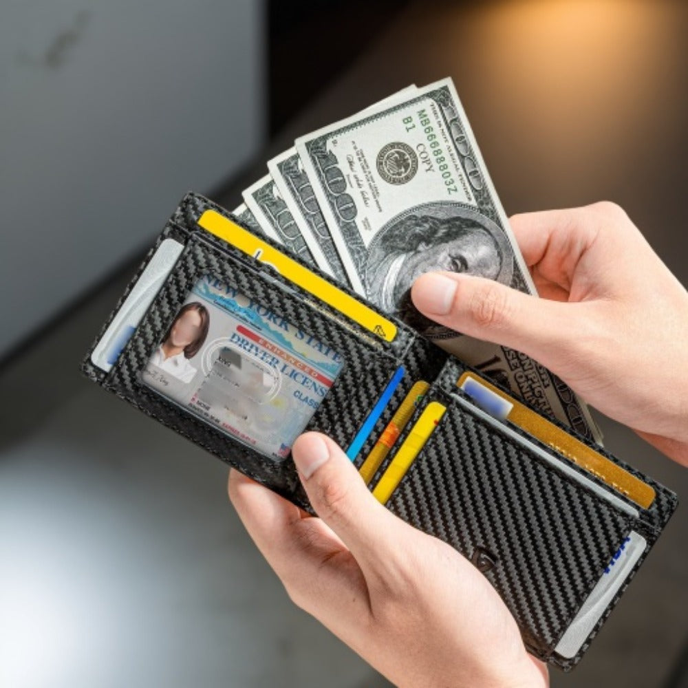 A Stylish Ultra-thin, Simple Design RFID Anti-eavesdropping Bifold Carbon Fiber Wallet, Small and Portable, Multi-color Optional, Equipped with Exquisite Gift Box Packaging