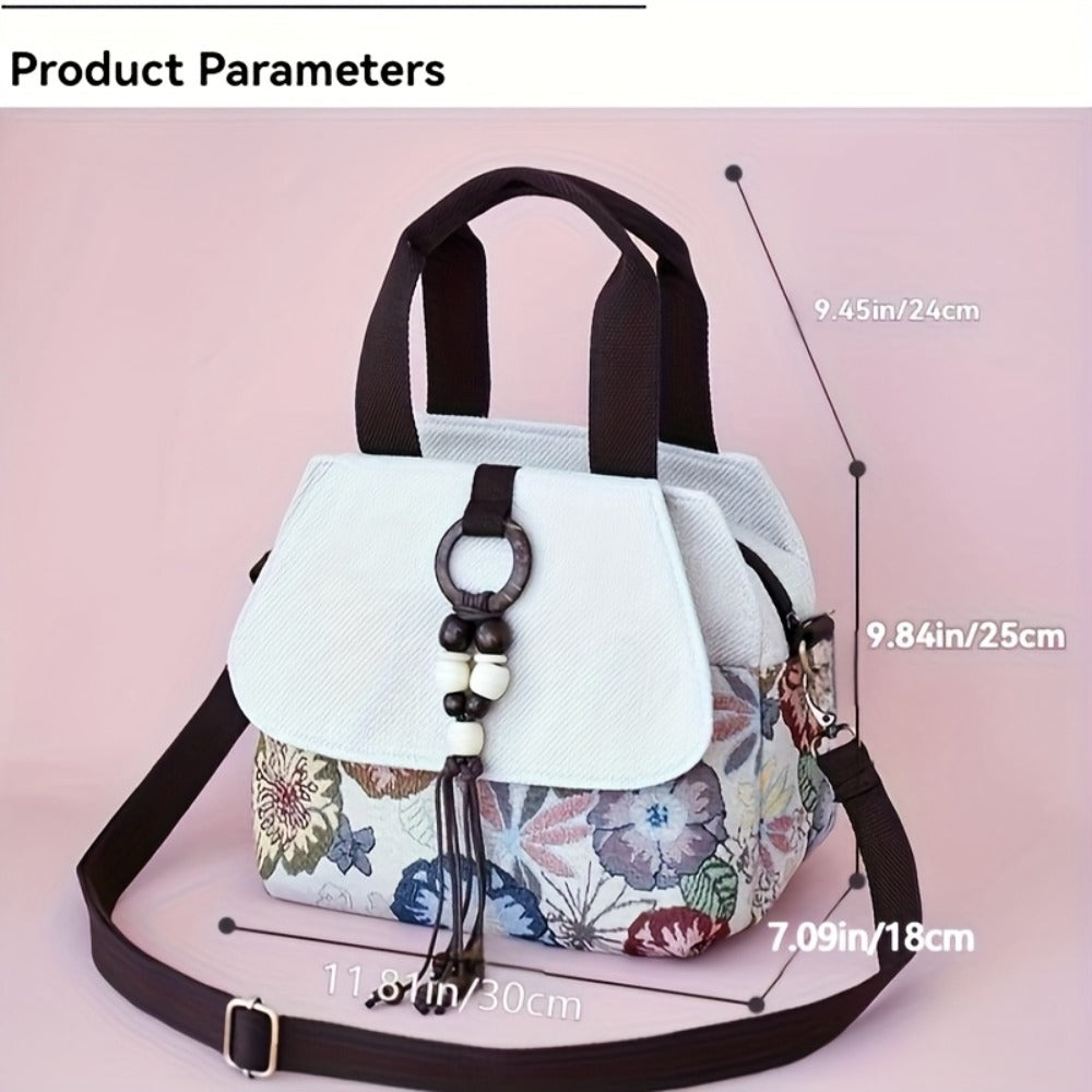 Bohemian Floral Crossbody, Multi-Compartment Handbag with Beaded Accents, Zipper Closure And, Casual Vacation Everyday Purse, Travel Accessory, Ethnic Pattern, Stylish Accents, Women'S Accessory, Stylish Shoppers