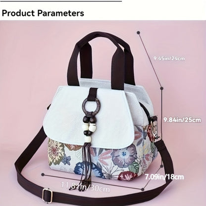 Bohemian Floral Crossbody, Multi-Compartment Handbag with Beaded Accents, Zipper Closure And, Casual Vacation Everyday Purse, Travel Accessory, Ethnic Pattern, Stylish Accents, Women'S Accessory, Stylish Shoppers