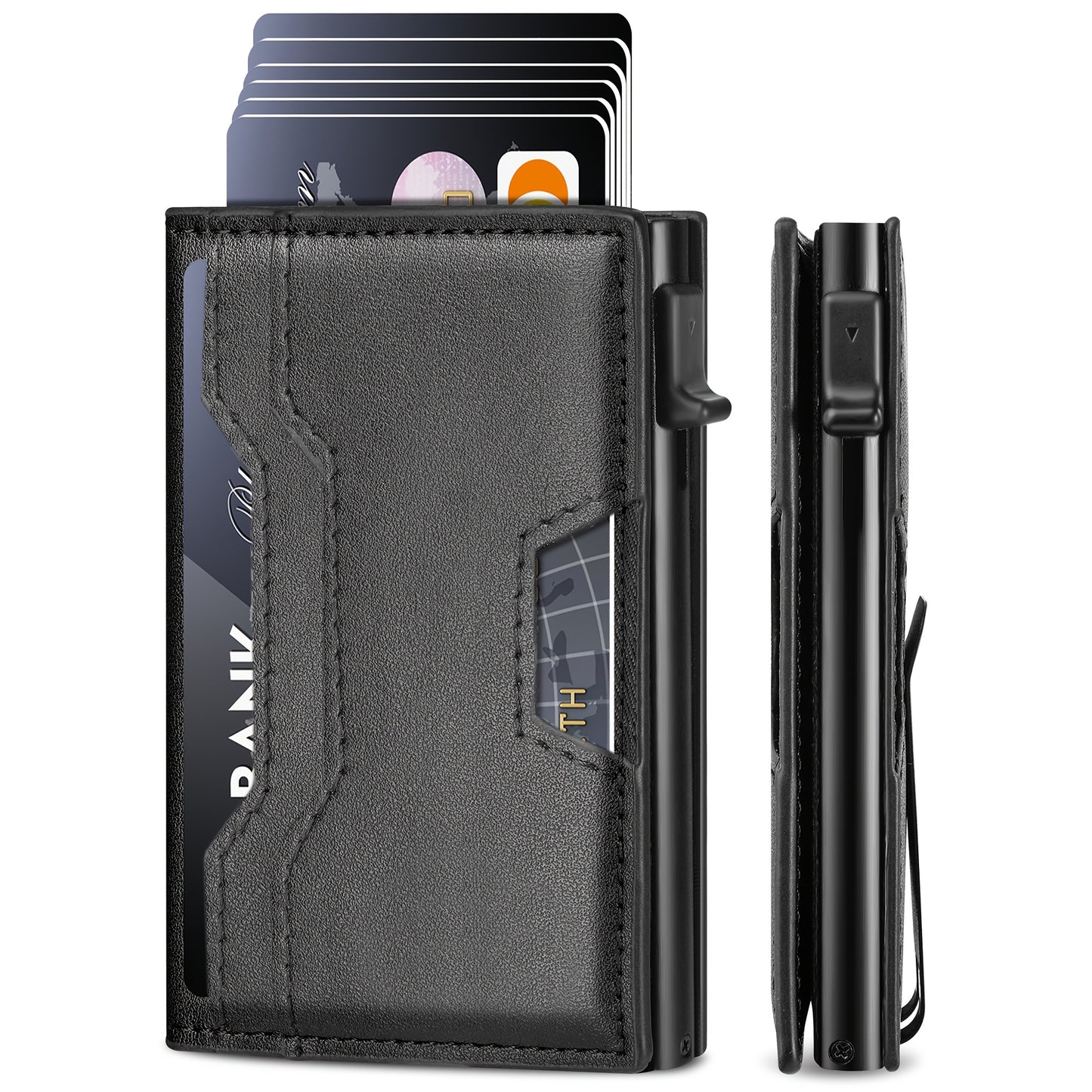Wallet for Men, Mens Wallet Minimalist Slim Wallet, RFID Blocking Smart Pop Up Wallet with Money Clip & ID Window, Metal Compact Wallet, Aluminum Credit Card Holder Slim Leather Wallet Best Gift