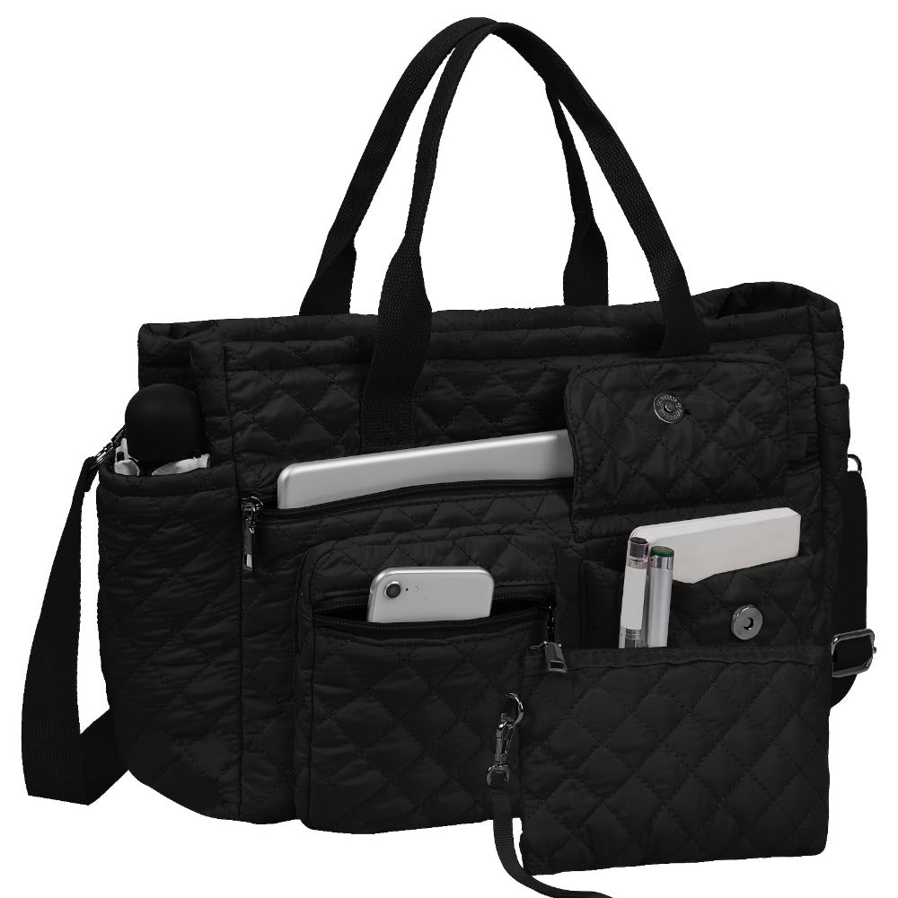 2pcs/Set Large Lightweight Quilted Nylon Tote Bag for Women, Laptop Work Bags Crossbody Shoulder Hobo Messenger Handbag Purse Travel Gym Totes