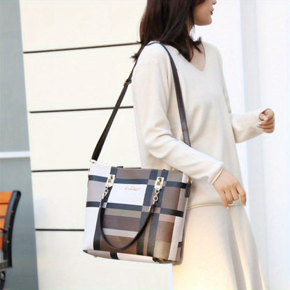 [Best Birthday Gifts] 6pcs Fashionable And Versatile Women's Bag, Trendy Contrasting Color Large Capacity Handbag Bag, Checkered Tote Bag, Shoulder Crossbody Bag, Coin Purse, The Stripes Are Random, Suitable For Any Outdoor Scene For Best Birthday Gifts
