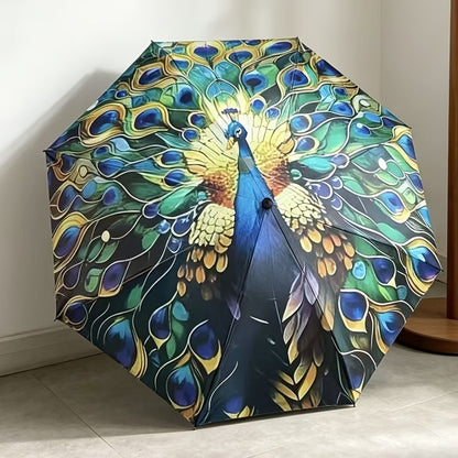 A Folding Umbrella With A Peacock Feather Design - A Lightweight, Retractable Travel Umbrella With A Sturdy 8-rib Frame, Available In Blue, Green, Golden, Purple, Black, Yellow, And Brown. An Elegant Outdoor Umbrella For Both Men And Women.