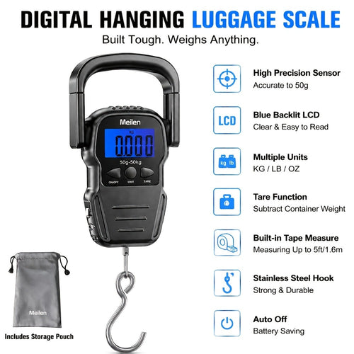 Meilin Luggage Scale 50kg/110LB Digital Portable Handheld Scale with Hook Backlit LCD Travel Essential