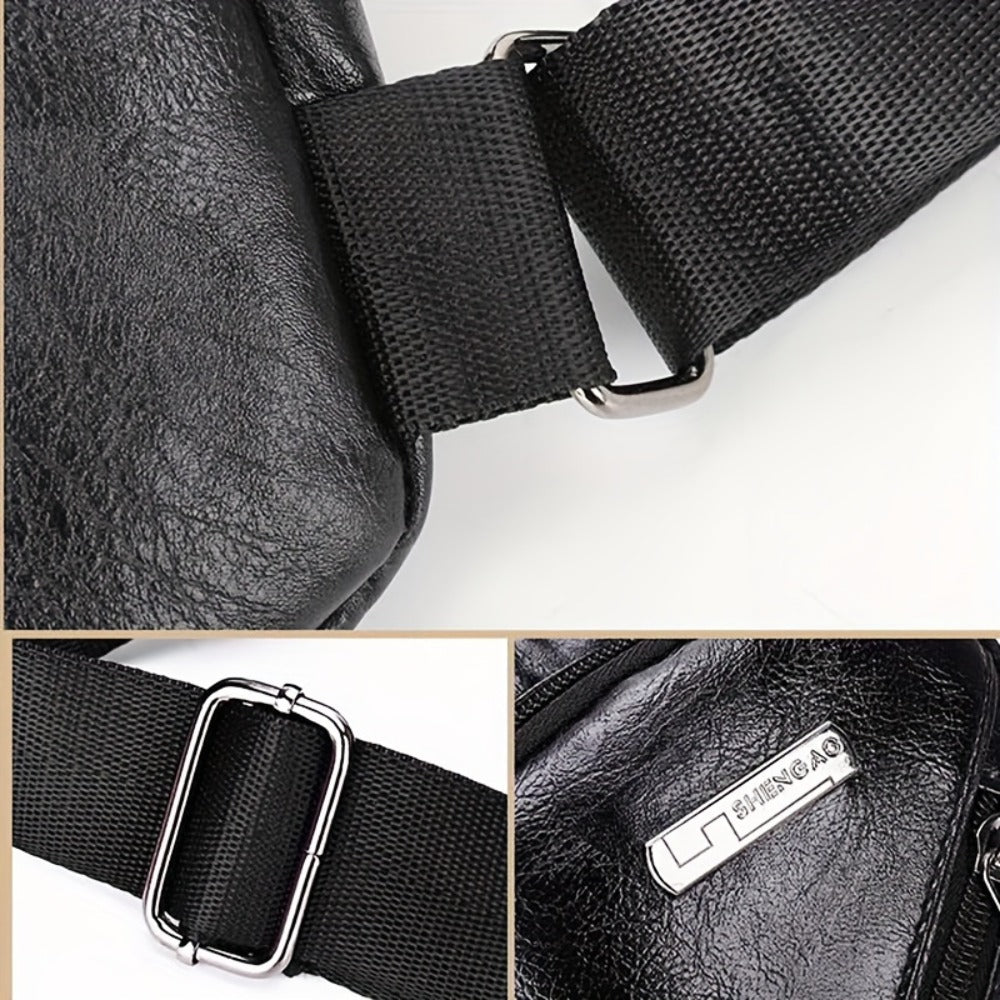 Men's PU Leather Crossbody Bag With Earphone Hole, Large Capacity Chest Bag, Multifunction Diagonal Shoulder Bag