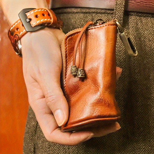 1pc Viking Sporran Mini Portable Bourbon Brown Handcrafted Thick Leather Waist Bag Change Holder Pouch Keychain Zipper Coin Purse for Men and Women Halloween Black Friday Christmas Thanksgiving Gift for Boyfriend Husband Father