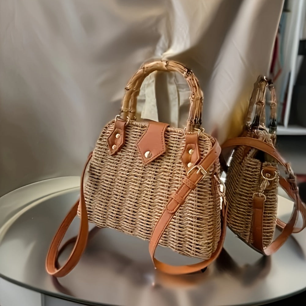 Ethnic-Inspired Vintage French-Style Woven Straw Tote Bag for Women - Bamboo Handle, Brown & Beige Check Pattern, Single Shoulder, Crossbody, and Handbag, Casual Occasion Bag|Vintageinspired Bag|Durable Handle, Straw Tote Bag