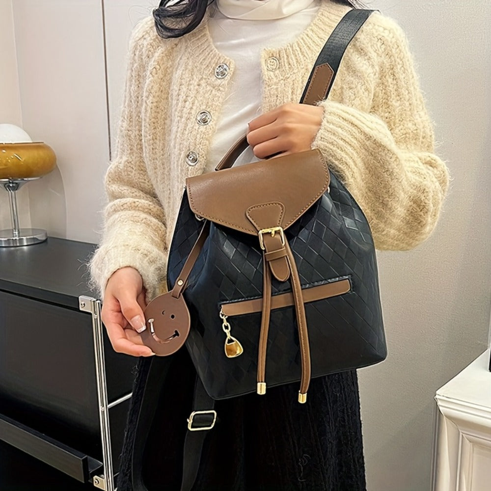 Women's Professional & Everyday Backpack - Coffee Brown & Black -like Bag with Adjustable Strap, Golden Buckle, Zipper Closure - Lightweight Purse for Work, Travel, College, Casual Outings - Gift Idea with Face Charm Charm, Playful Design, Durable Constru