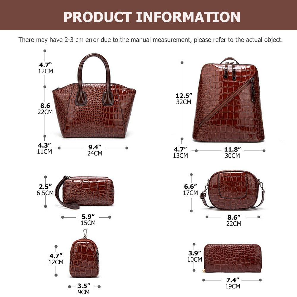 6pcs Set PU Minimalist Crocodile Embossed Women's Bag Set, High Cost Performance, Includes: Backpack, Tote Bag, Shoulder Bag, Clutch, Keybag, Wallet