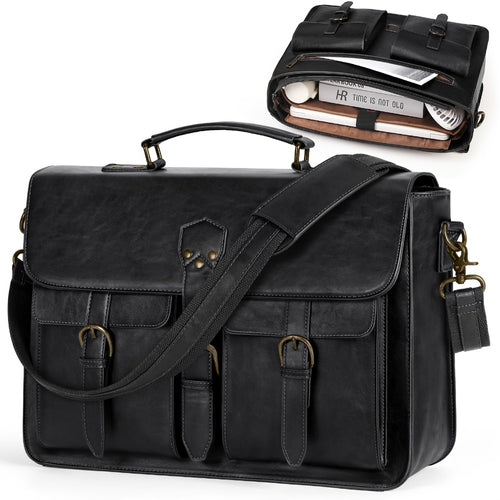 RAINSMORE Men' High Quality Synthetic Leather Laptop Messenger Bag with Tablet/Laptop Compartment & -Theft Suitable for Office, Travel, College, Large Capacity Briefcase Computer Satchel, Adjustable Strap, Zipper Closure, Black