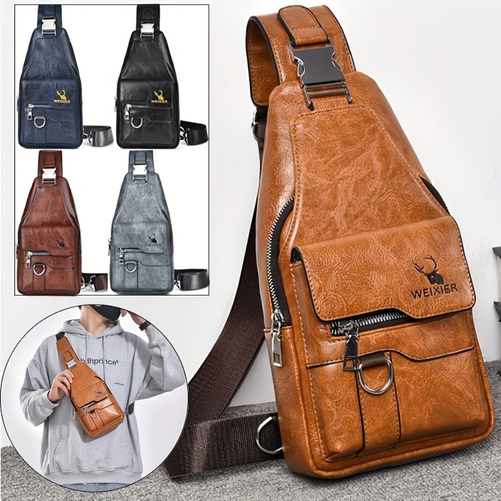 [1 Faux Leather Crossbody Bag] 1 Men's Faux Leather Retro Crossbody Bag | Large Capacity Multi Compartment Premium Chest Bag, Suitable For Carrying On The Go