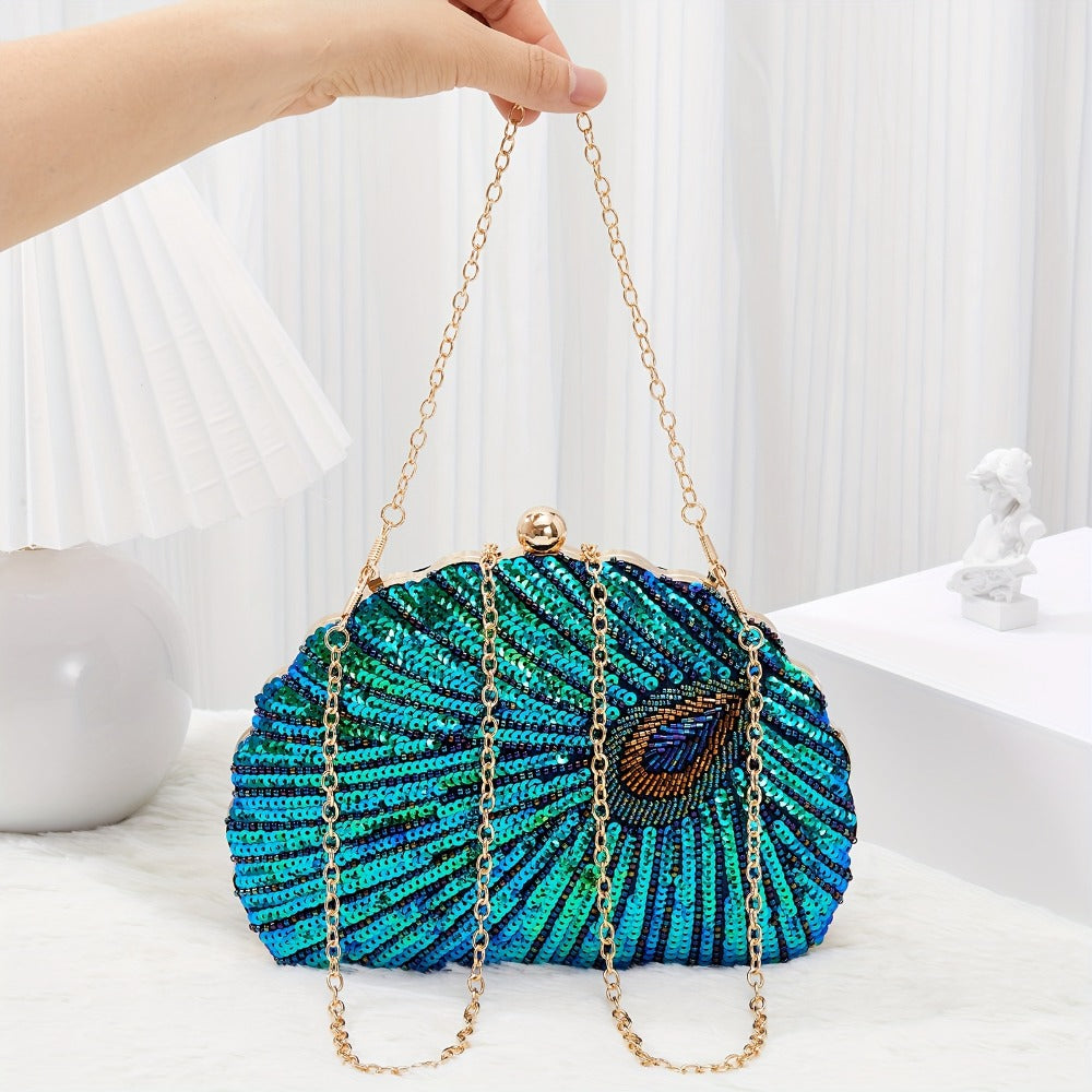 Sparkly Sequins Decor Evening Clutch Purse Luxury Peacock Feather Women Dinner Party Evening Bag Handbag For Wedding