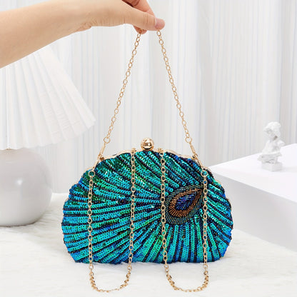 Sparkly Sequins Decor Evening Clutch Purse Luxury Peacock Feather Women Dinner Party Evening Bag Handbag For Wedding