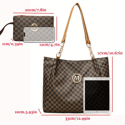 Two-Piece Set Large Capacity Shoulder Bag, Suitable for Elegant Urban Women, Lotus Pattern M Print, Fashionable M-Shaped Hardware Buckle Design, Lightweight Fixed Shoulder Strap, Suitable for Multiple Occasions - Perfect Gift